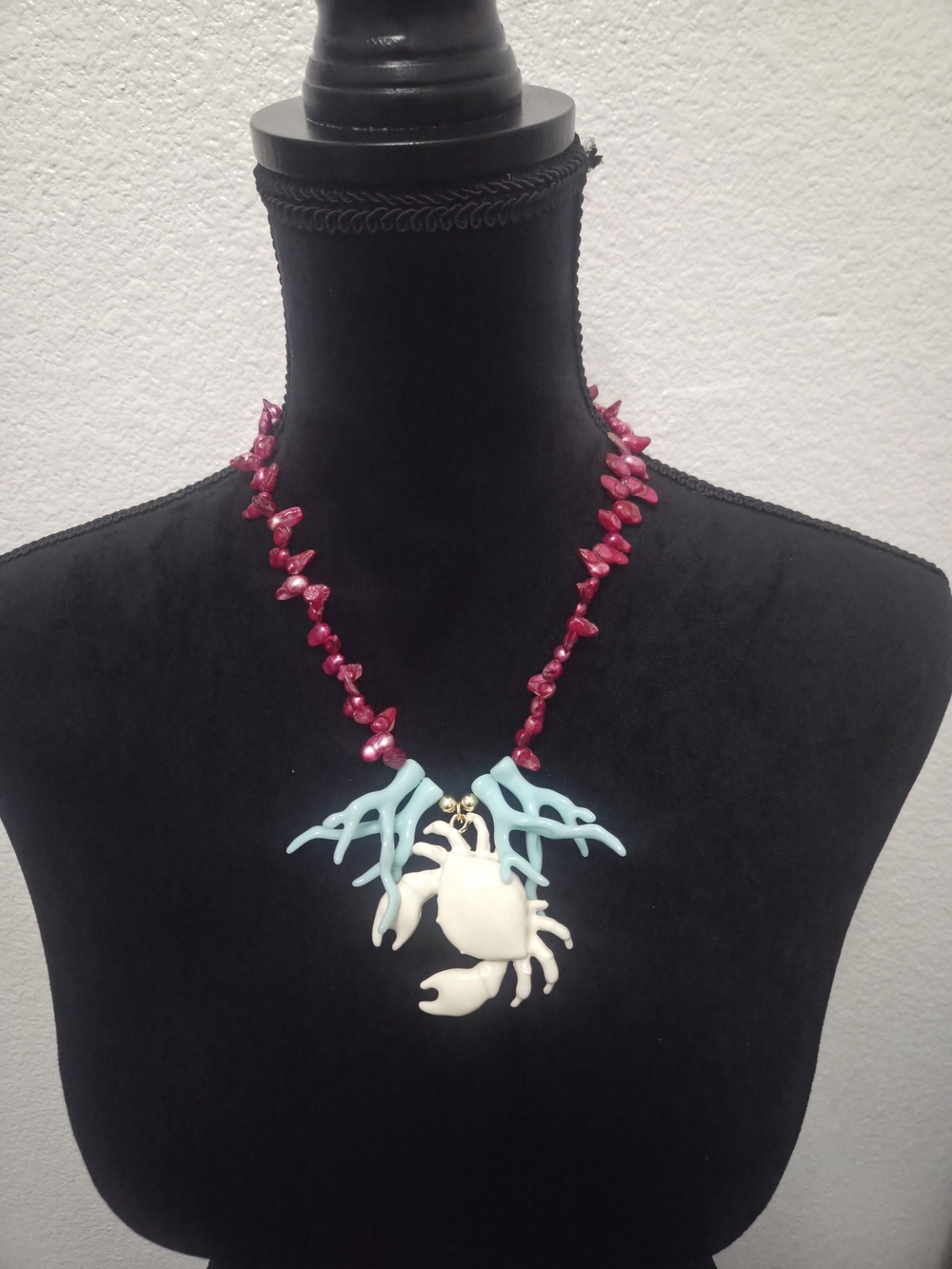 Handmade Pink and White Crab Pendant Necklace